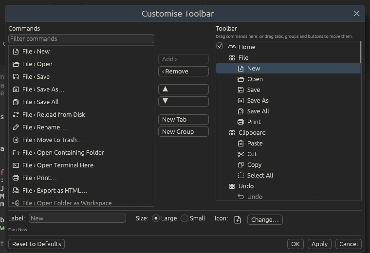 The Customise Toolbar dialog: commands on the left, the toolbar's tabs, groups and buttons on the right