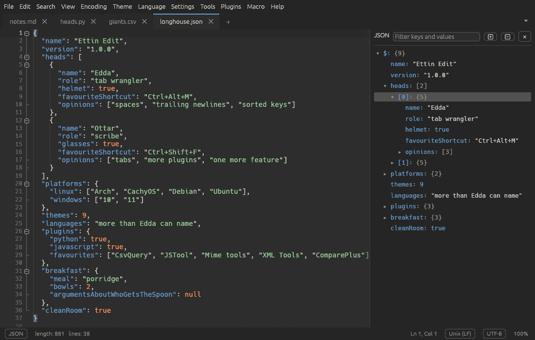 Ettin Edit with a JSON file open and the JSON tree panel beside it